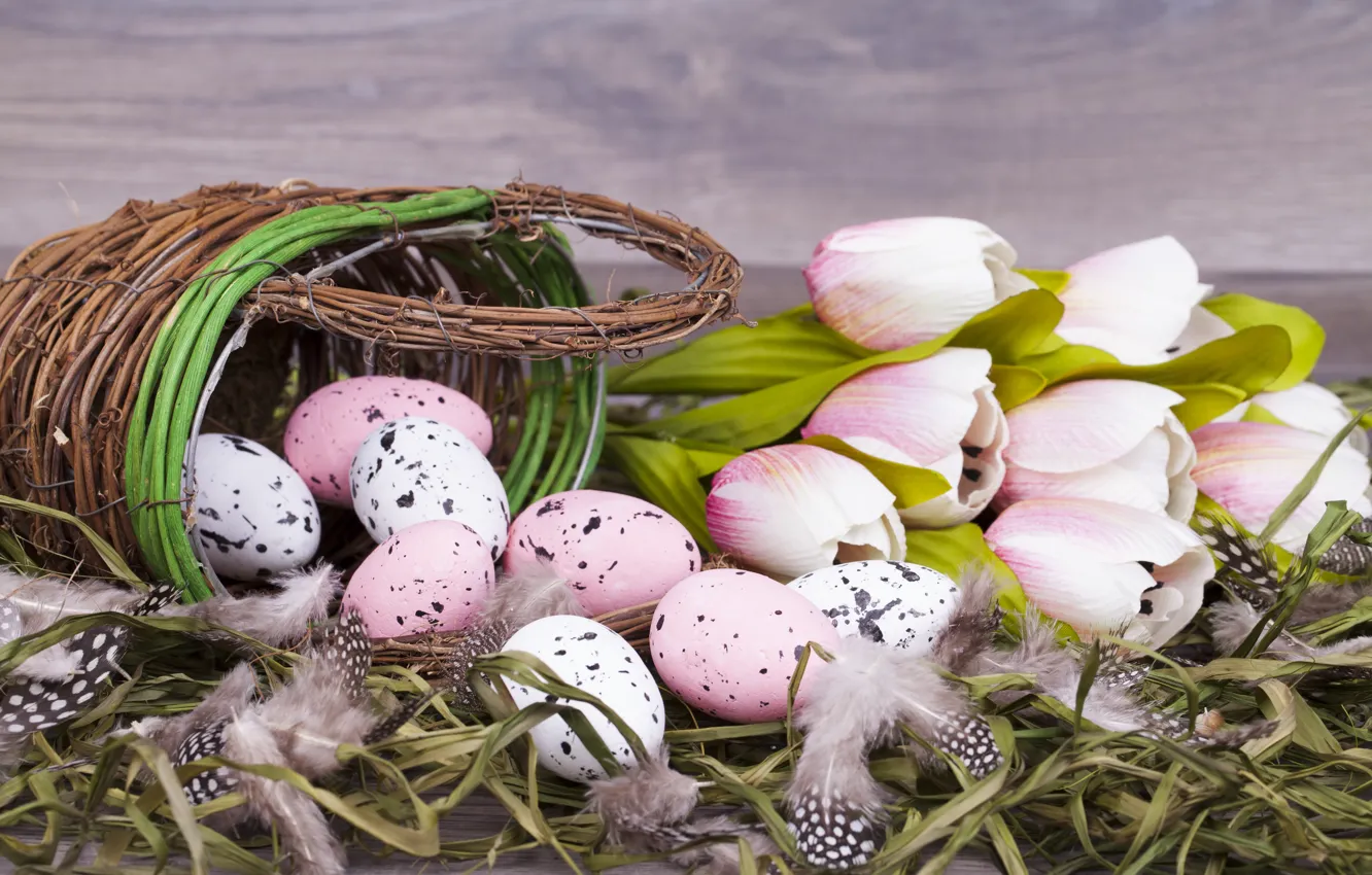 Photo wallpaper flowers, Easter, tulips, basket, pink, flowers, tulips, spring