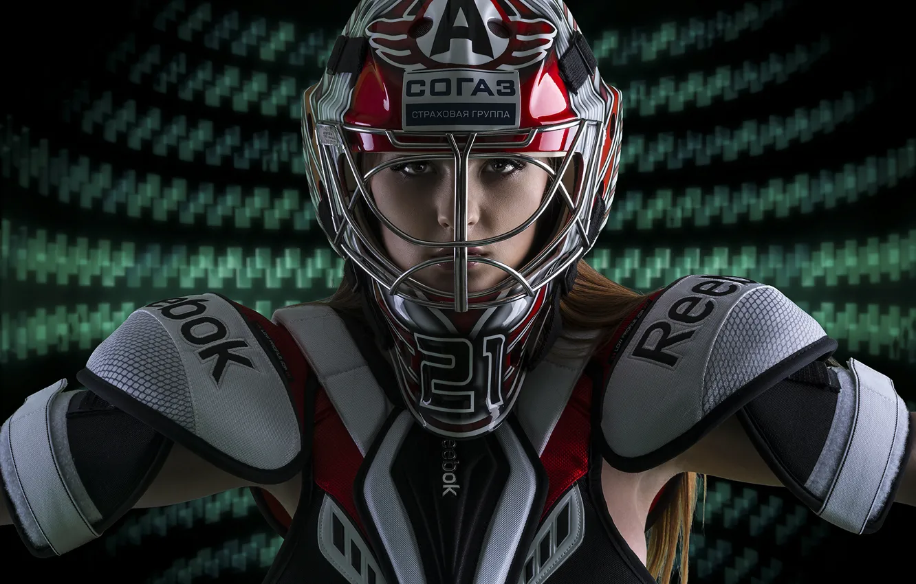 Photo wallpaper look, girl, face, sport, helmet, form, Player
