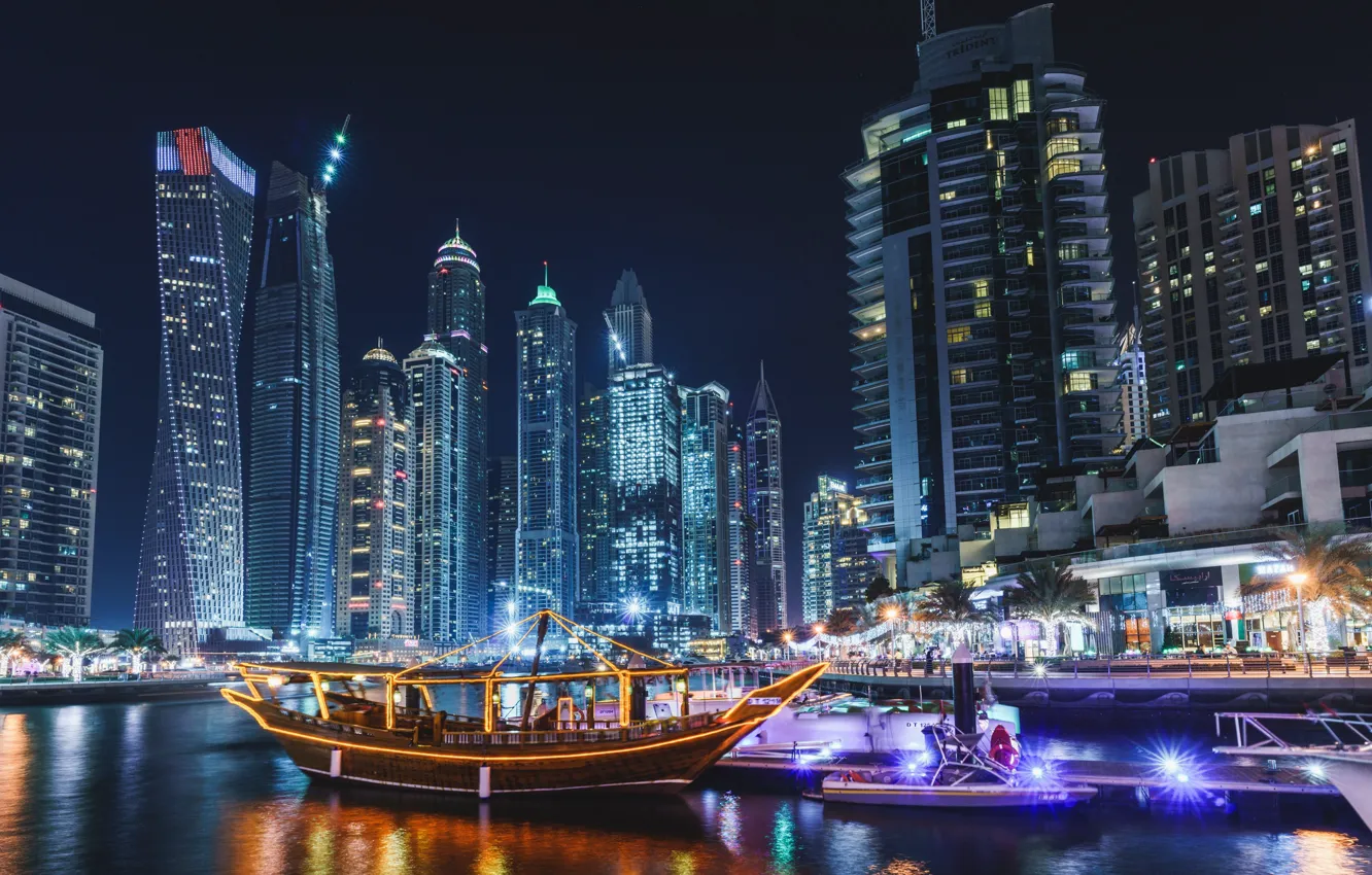 Photo wallpaper city, lights, Dubai, sea, ocean, night, evening, buildings
