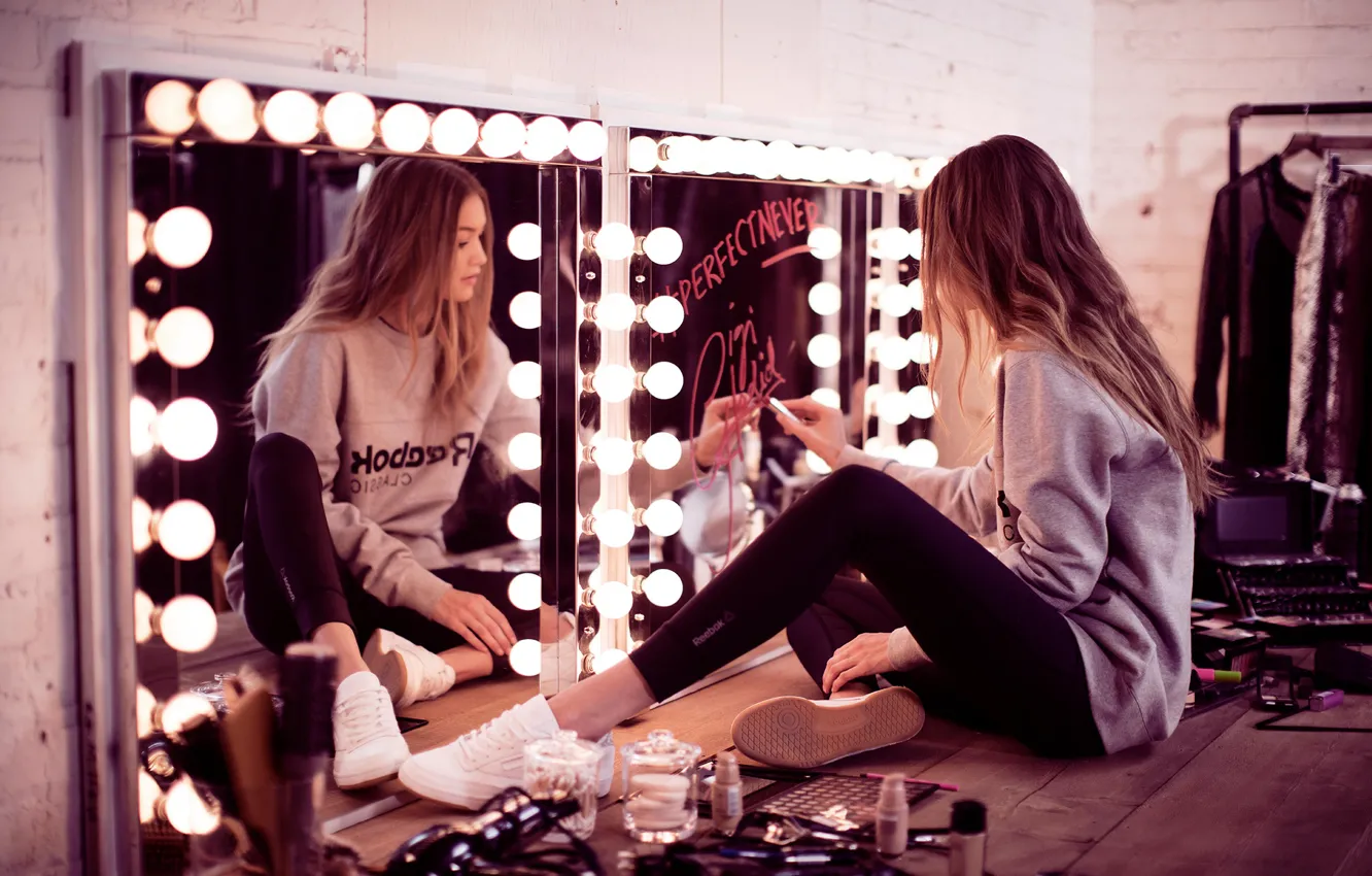 Photo wallpaper girl, pose, model, sneakers, mirror, lipstick, cosmetics, Gigi Hadid