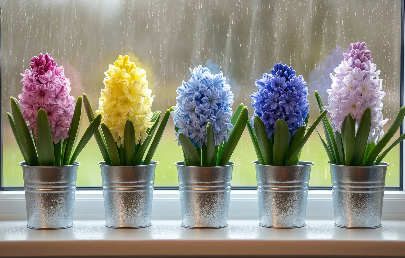 Photo wallpaper glass, flowers, rain, spring, window, sill, colorful, bucket