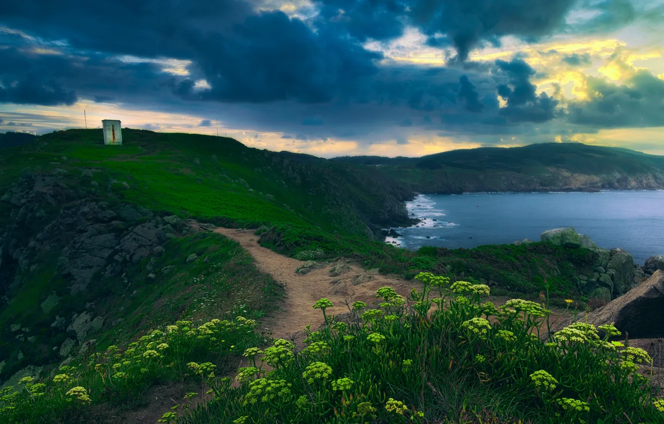 Photo wallpaper sea, landscape, clouds, nature, stones, coast, vegetation, Spain