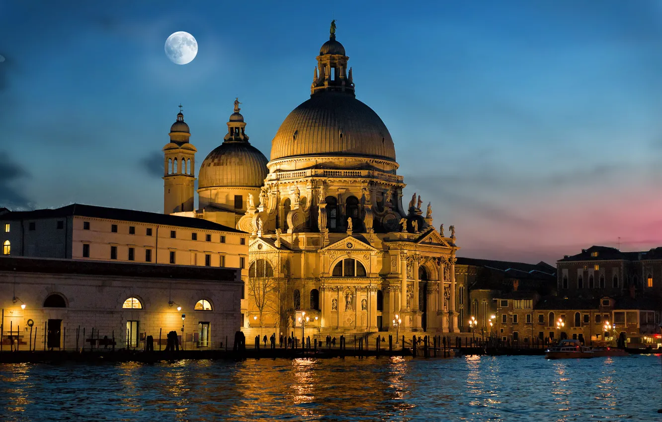 Photo wallpaper night, the city, the moon, lighting, Italy, Venice, Cathedral, architecture