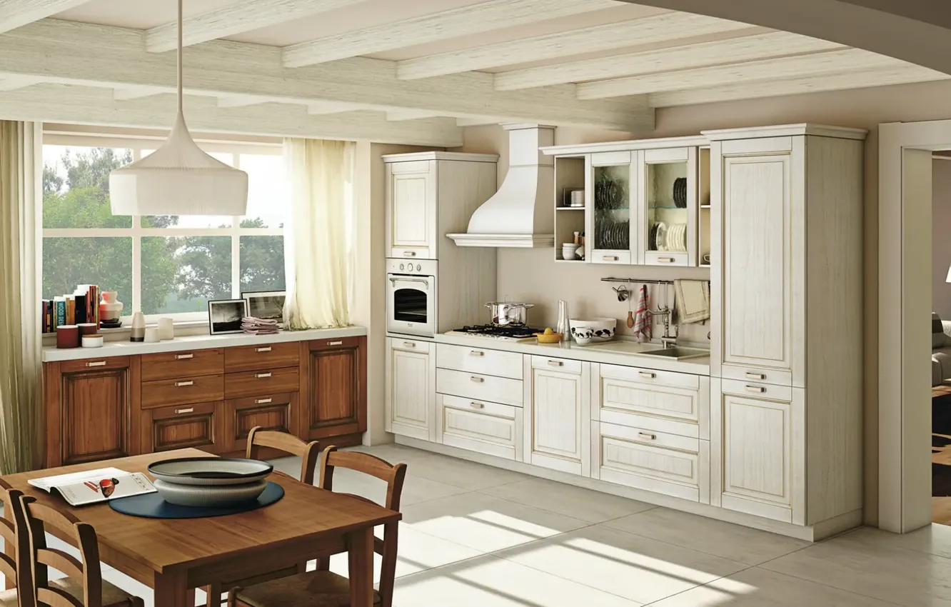 Photo wallpaper style, interior, dining room, dining area, Lake Maggiore, Italian design, cozy kitchen