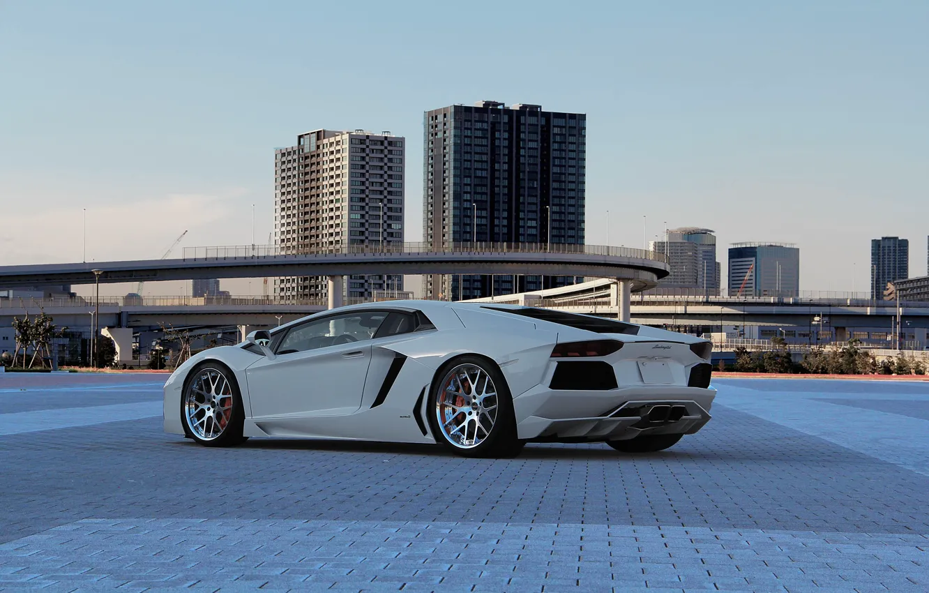 Photo wallpaper white, the sky, overpass, white, lamborghini, rear view, aventador, lp700-4