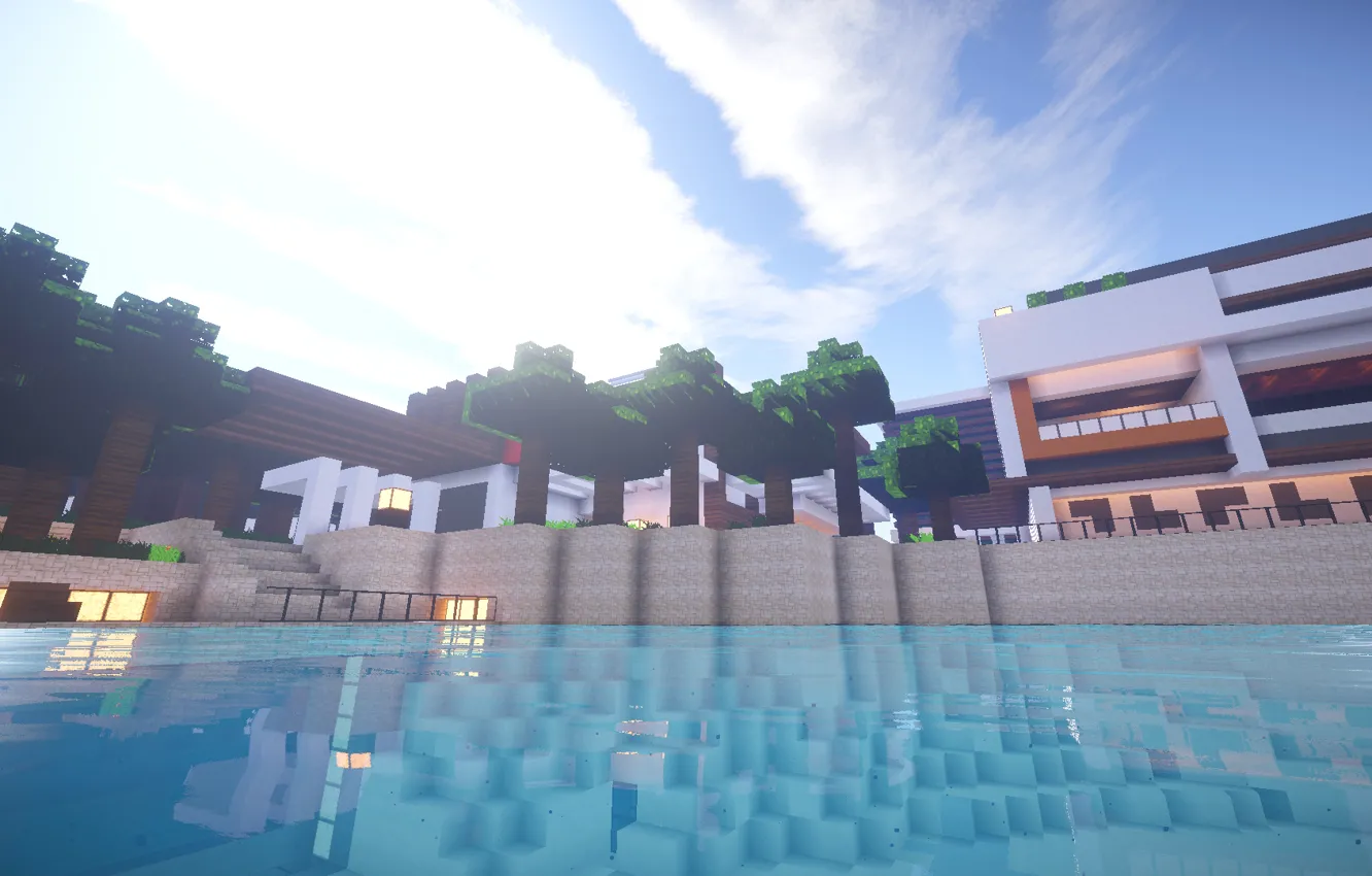 Photo wallpaper the sky, water, reflection, building, minecraft