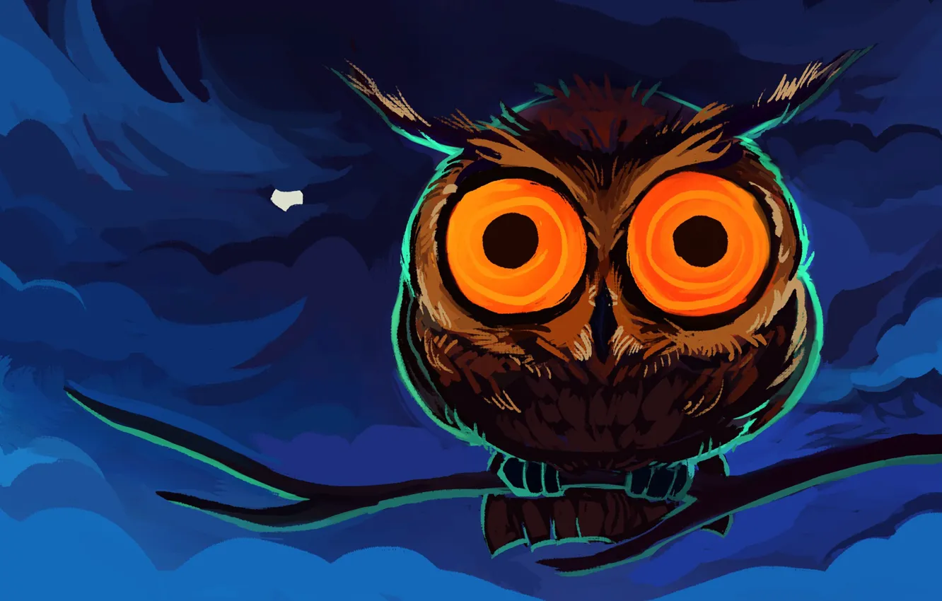 Photo wallpaper eyes, clouds, orange, branches, blue, owl, the moon, figure