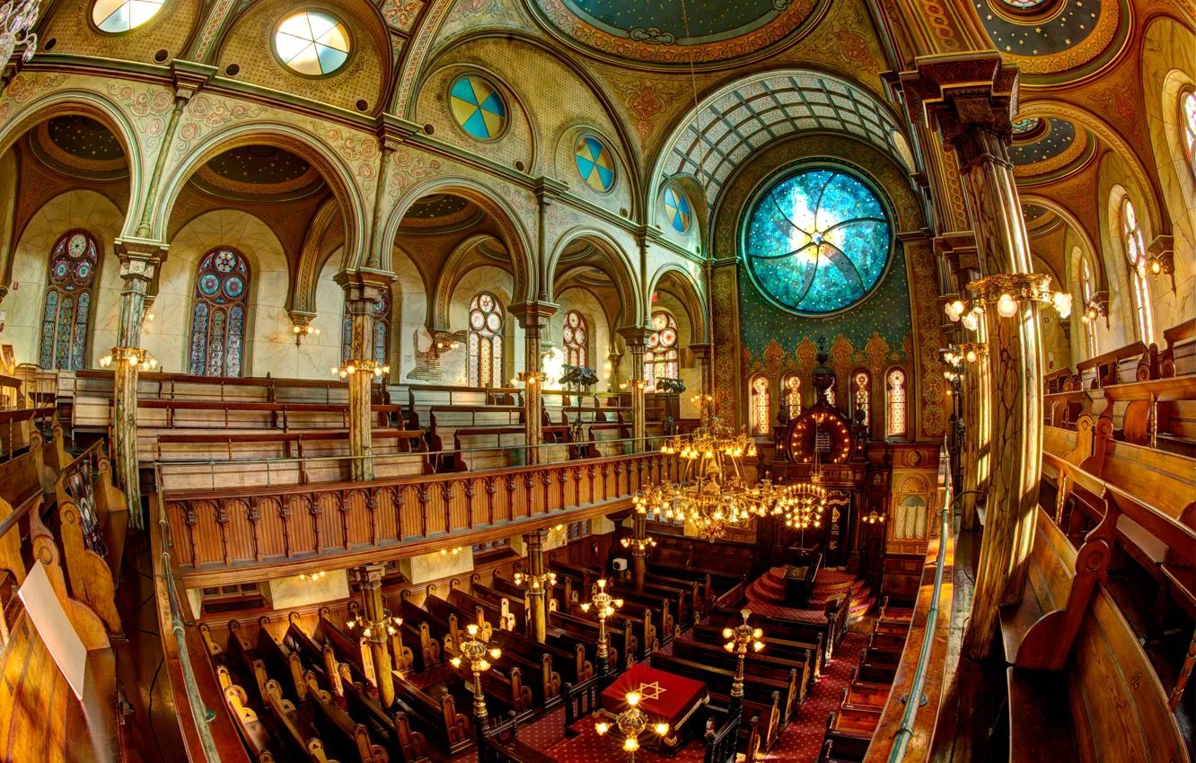 Photo wallpaper New York, stained glass, USA, hall, bench, column, synagogue