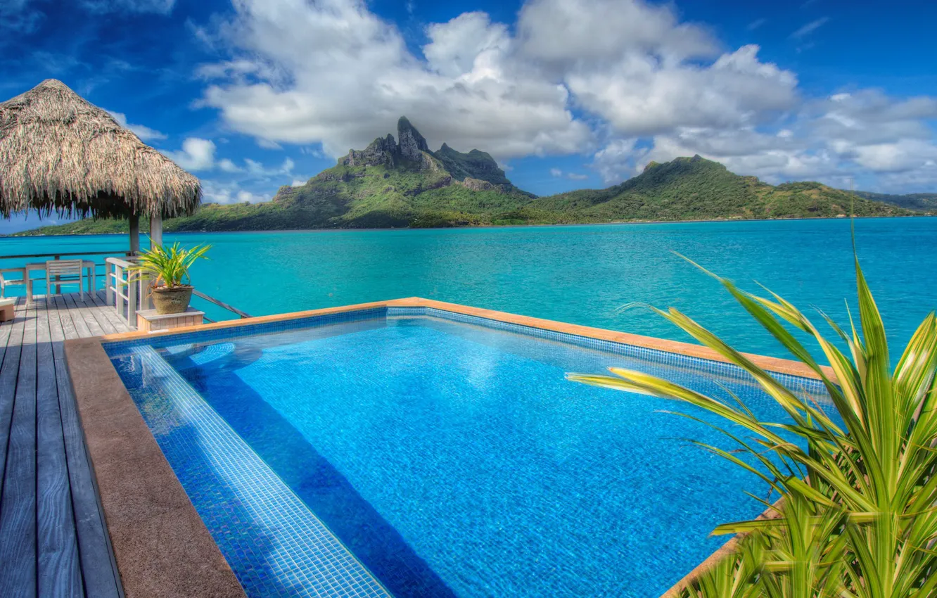 Photo wallpaper pool, hotel, bungalow, blue lagoon, bora-bora, St-Regis