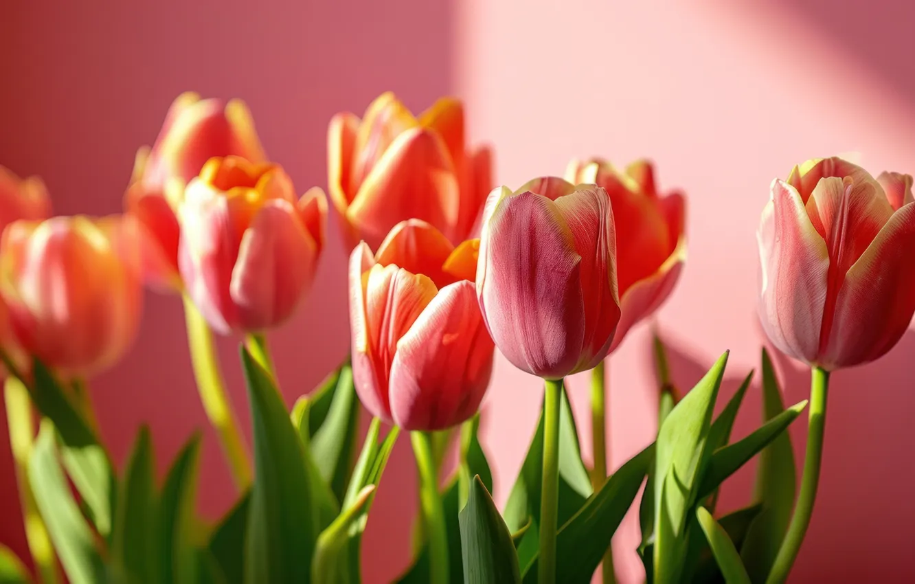 Photo wallpaper flowers, holiday, bouquet, spring, tulips, March 8, AI art, universal holiday background