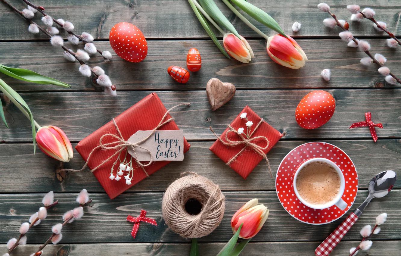 Photo wallpaper holiday, coffee, Easter, tulips, wood, composition, Anya Ivanova