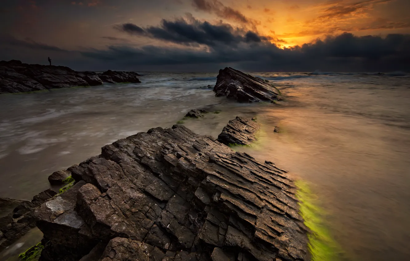 Photo wallpaper sea, beach, landscape, sunset, nature, sunrise, stones, rocks