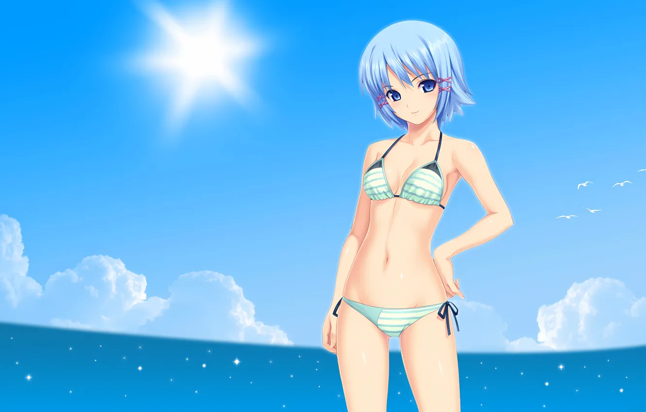 Photo wallpaper girl, sexy, cleavage, sky, sea, boobs, anime, blue eyes