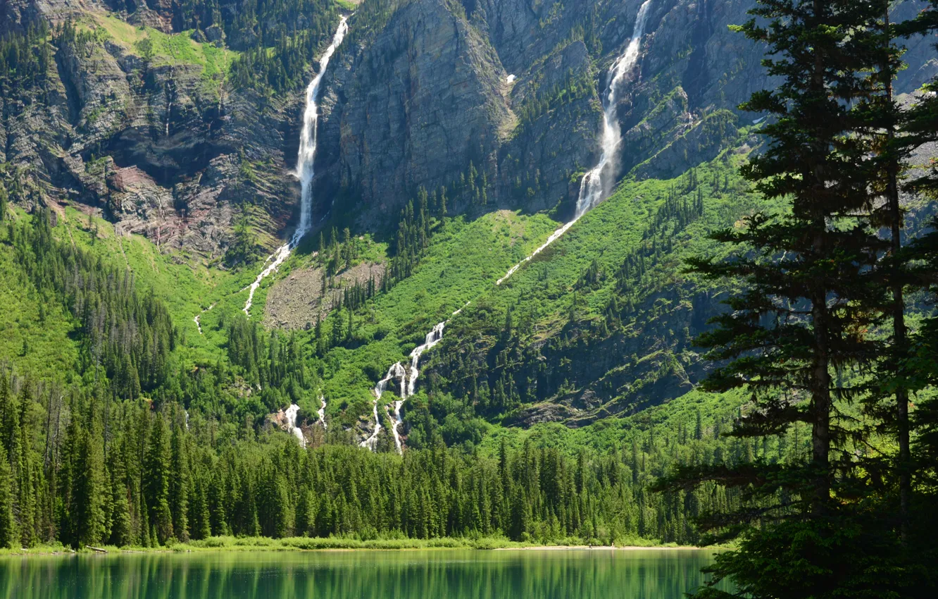 Photo wallpaper mountains, lake, waterfall, Montana, Glacier National Park, Glacier, Montana, Avalanche Lake