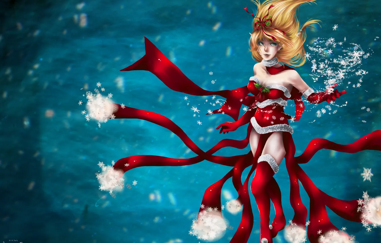 Photo wallpaper snowflakes, background, art, costume, New year, Christmas, League of Legends, Janna