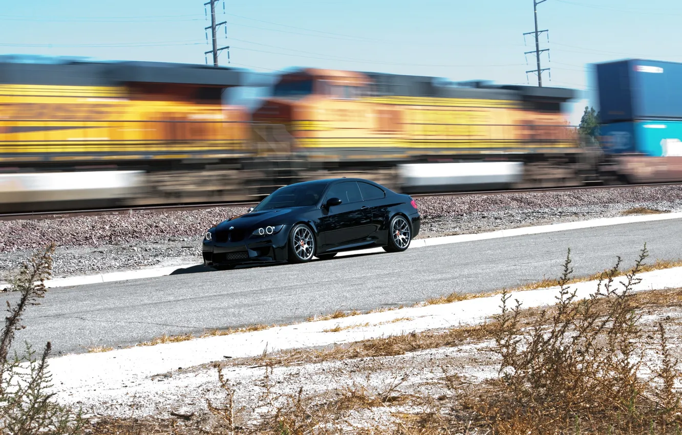 Photo wallpaper posts, black, BMW, train, blur, BMW, railroad, black
