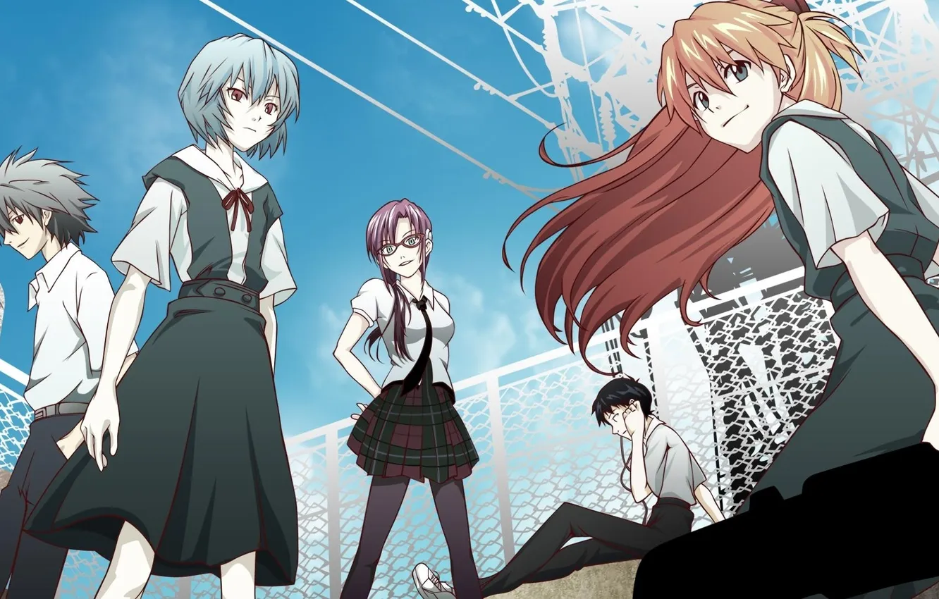 Photo wallpaper girl, smile, glasses, guy, Evangelion, school uniform, it became shinji, NGE