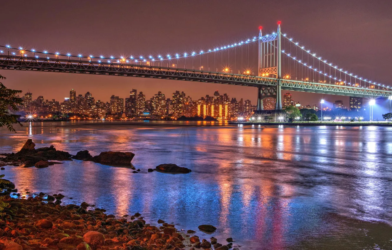 Photo wallpaper night, bridge, the city, lights, river, USA