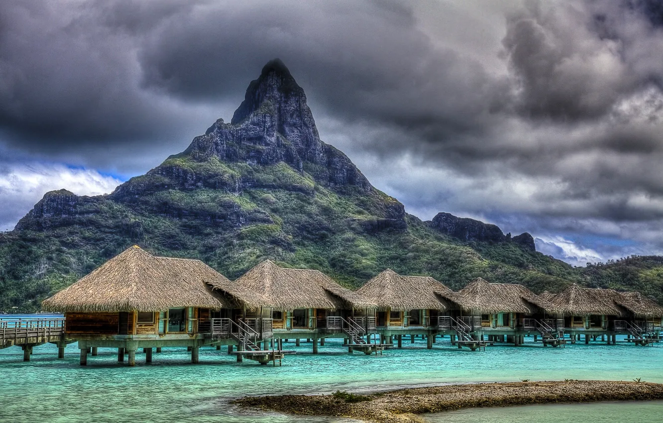 Photo wallpaper sea, the sky, clouds, mountains, tropics, the ocean, island, Bungalow