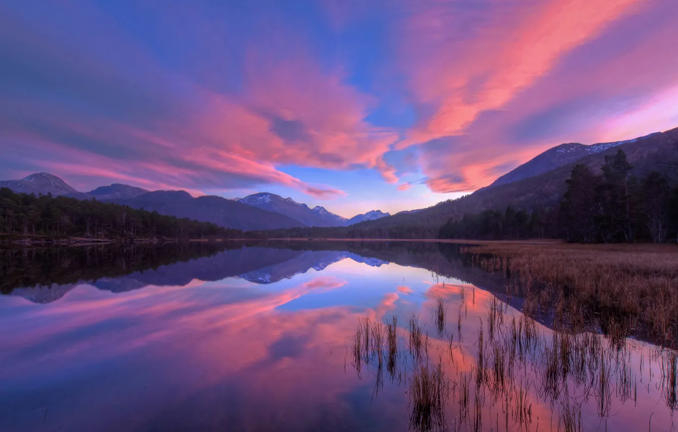 Photo wallpaper the sky, sunset, mountains, lake
