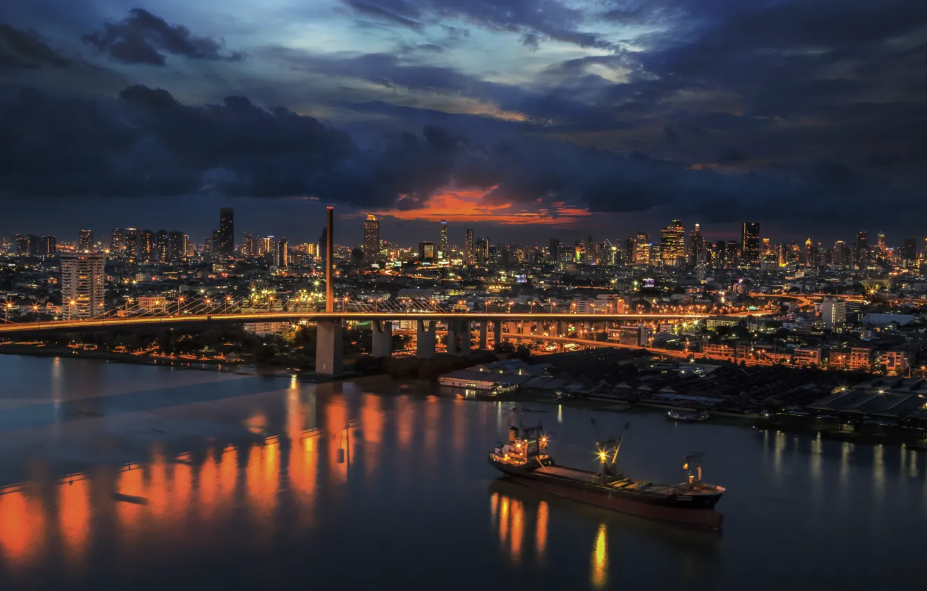Photo wallpaper road, clouds, sunset, city, the city, building, the evening, Thailand