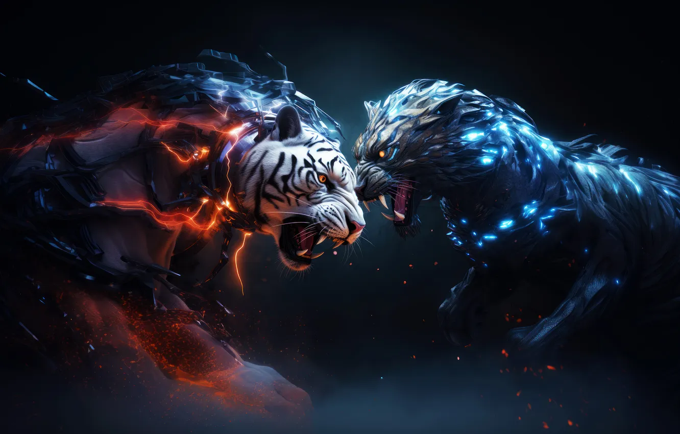 Photo wallpaper animals, good and evil, battle, fight, animals, fight, digital art, fantasy art