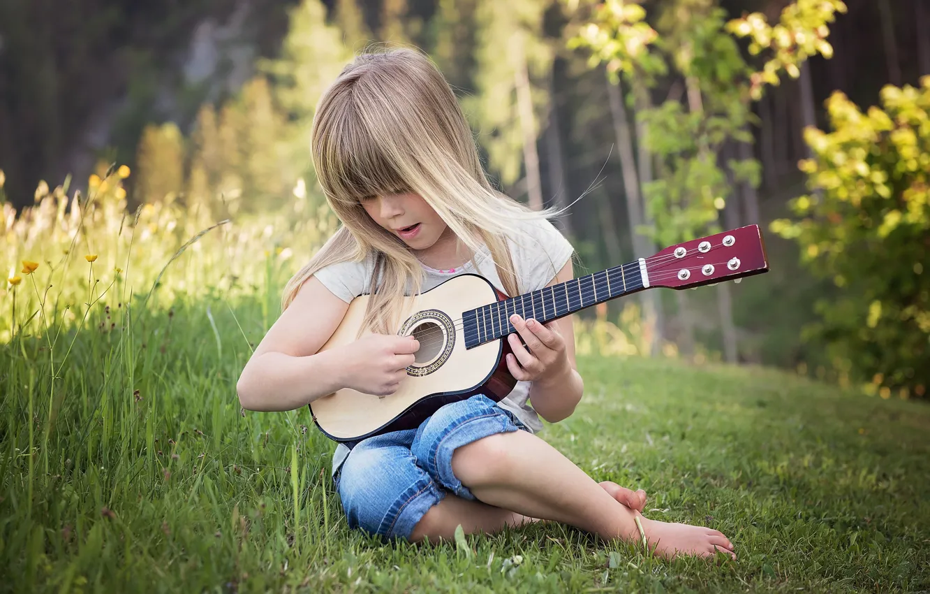 Photo wallpaper summer, grass, nature, guitar, girl, child