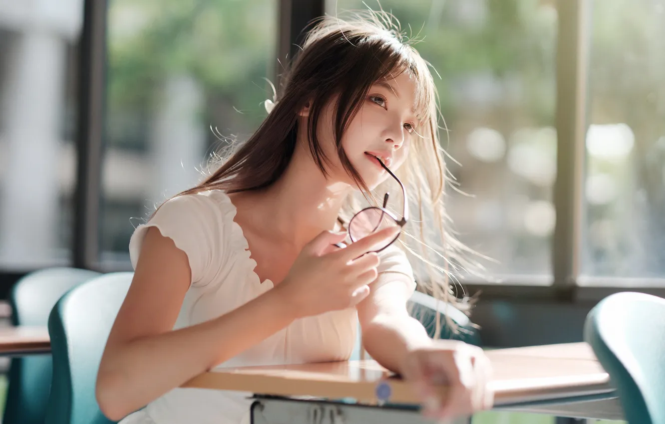 Photo wallpaper girl, pose, hands, glasses, Asian, Parta, long hair
