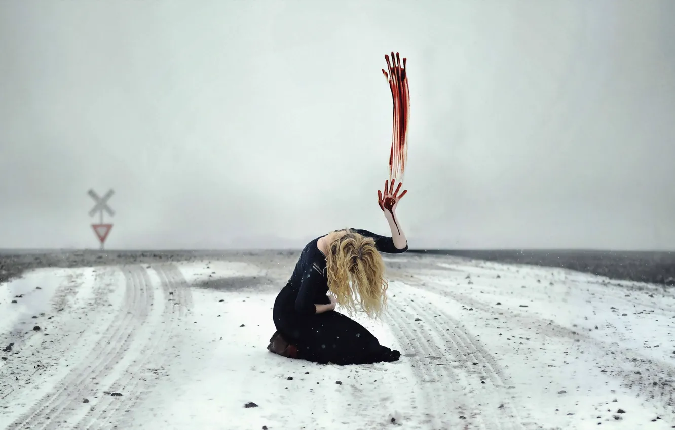 Photo wallpaper field, girl, snow, sign, blood, hand