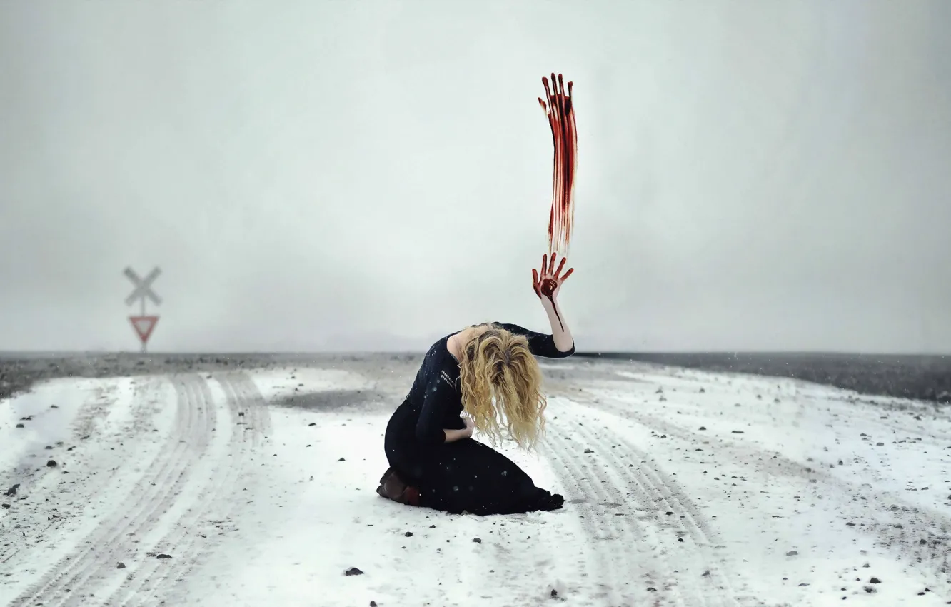 Photo wallpaper field, girl, snow, sign, blood, hands