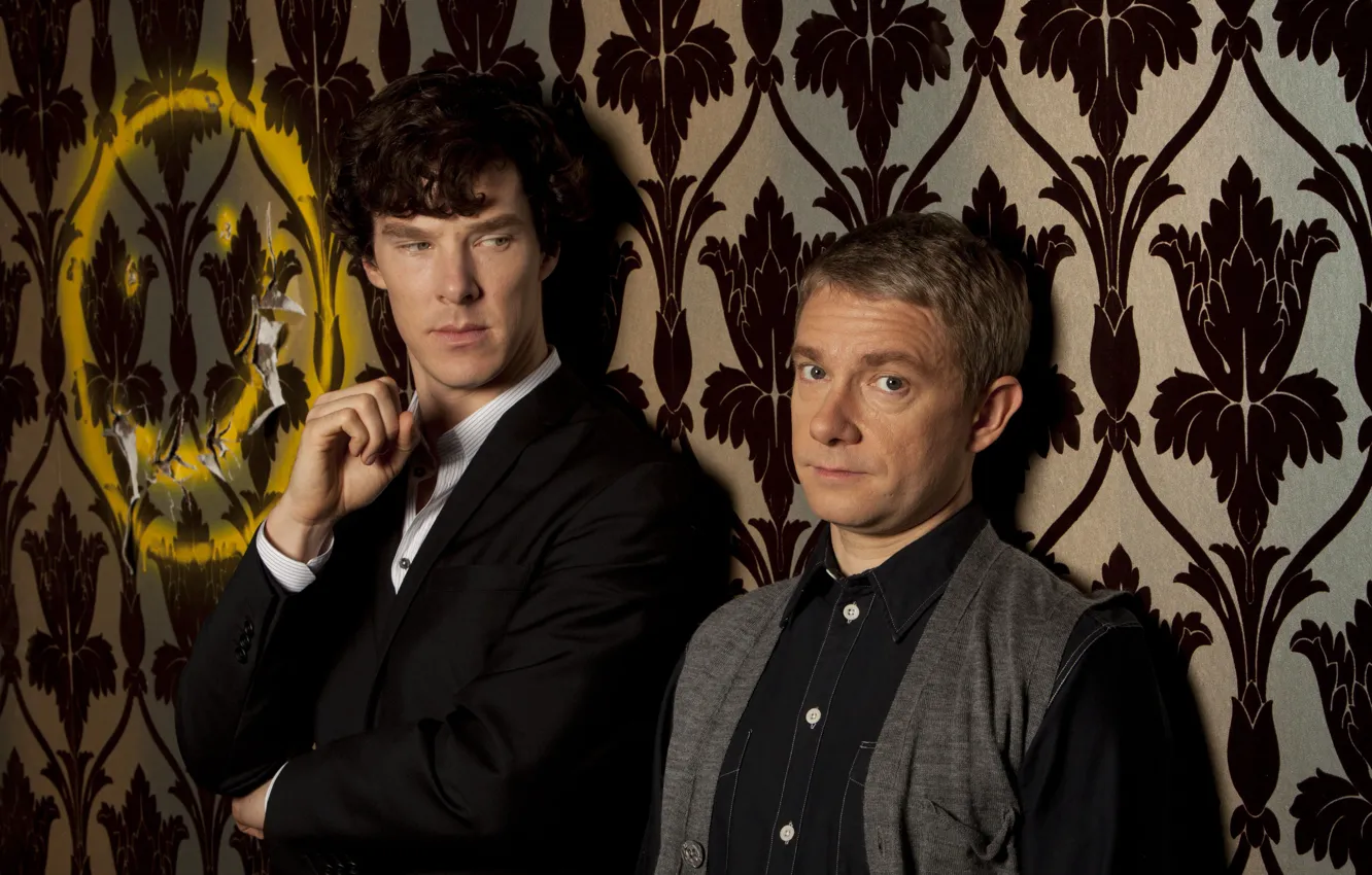 Photo wallpaper background, two, Sherlock Holmes, smiley, Martin Freeman, Benedict Cumberbatch, Sherlock, Sherlock BBC