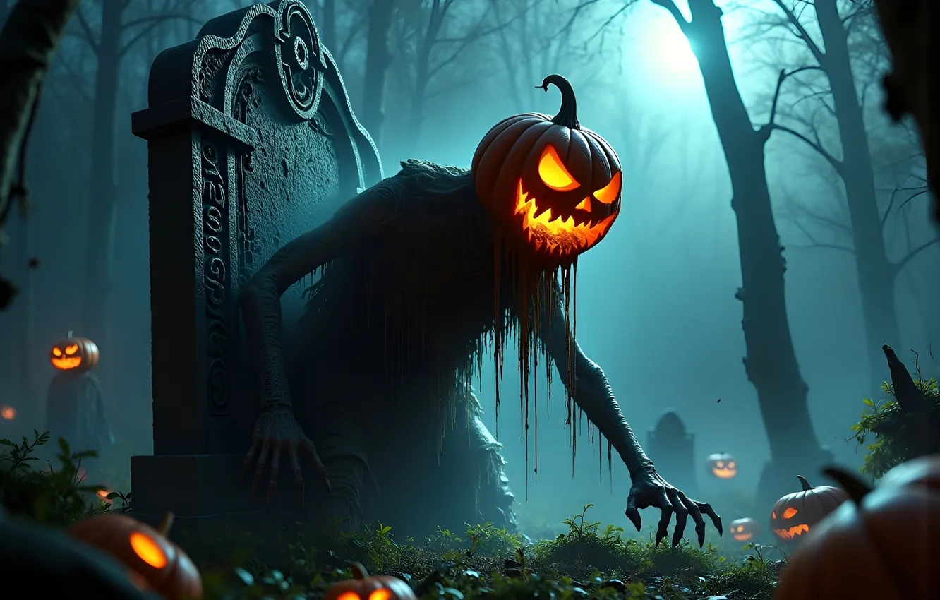 Photo wallpaper fear, graves, zombies, Halloween, horror, undead, pumpkin, burning eyes