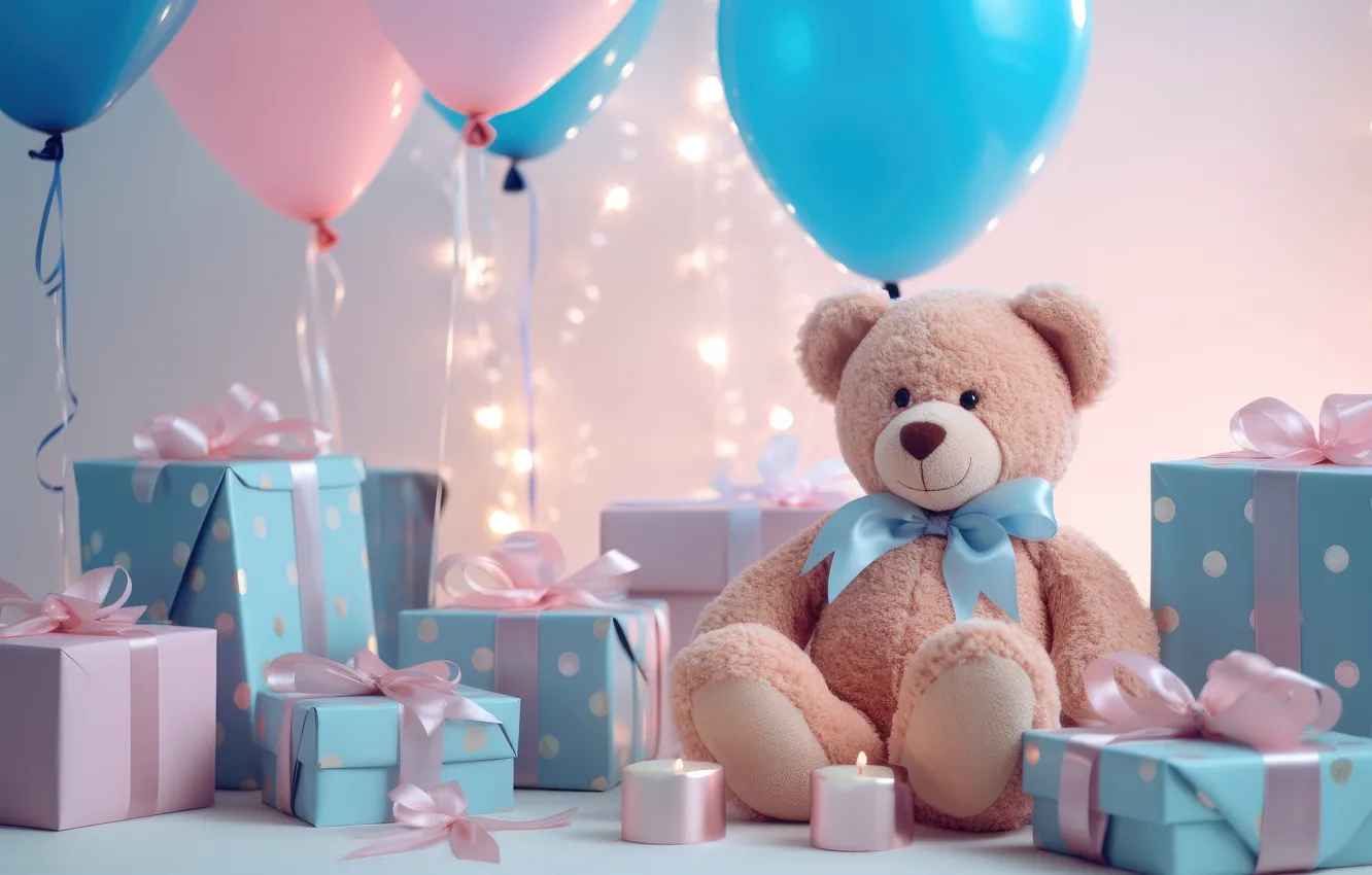 Photo wallpaper balls, lights, balloons, birthday, holiday, box, gift, blue