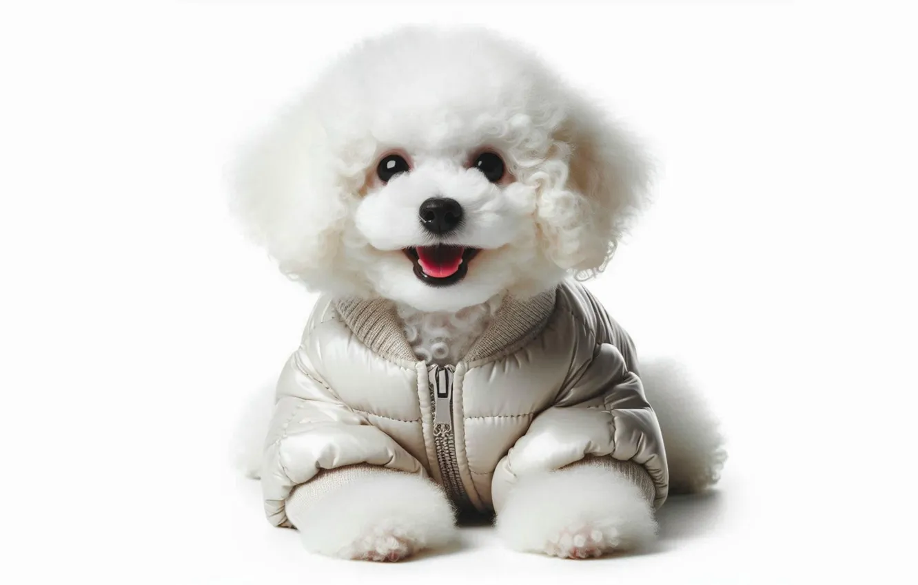 Photo wallpaper neural network, dog, white background, jacket, AI art