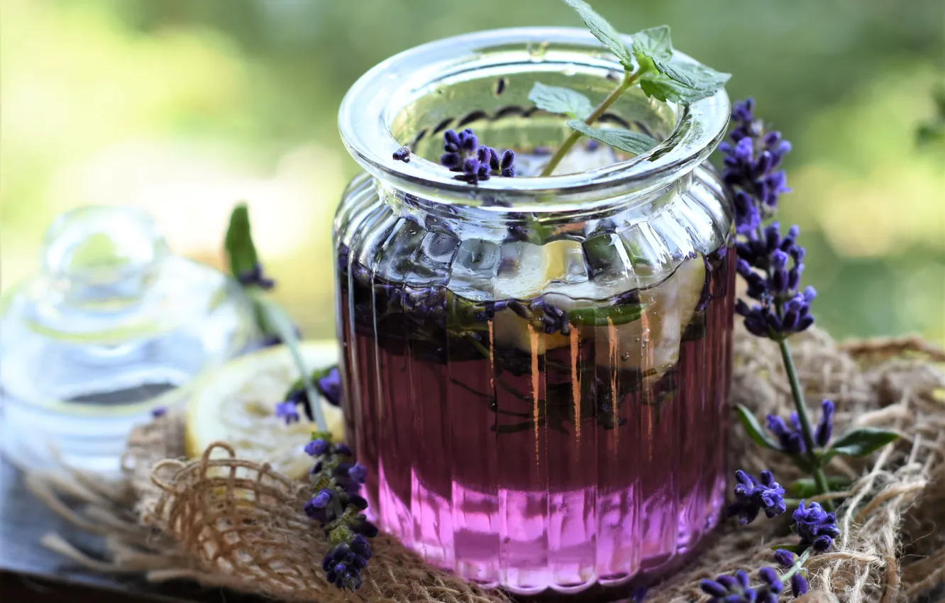 Photo wallpaper flowers, background, lemon, stem, Bank, drink, mint, burlap