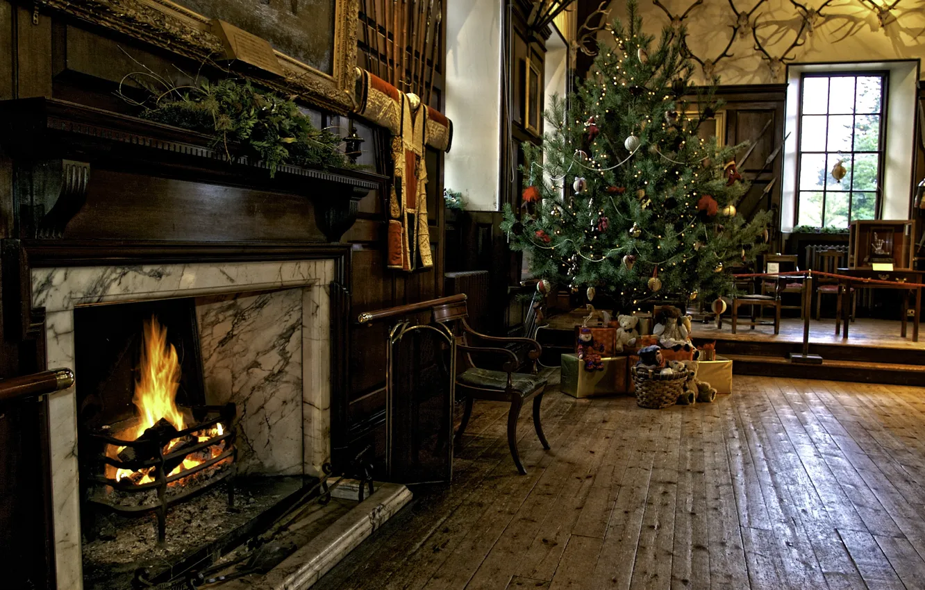 Photo wallpaper heat, room, holiday, tree, new year, Christmas, fireplace, cozy