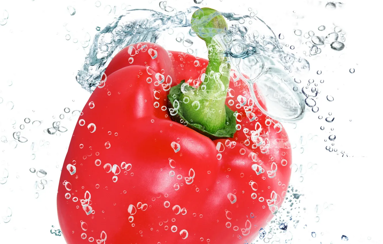 Photo wallpaper water, drops, squirt, freshness, red, red, pepper, water