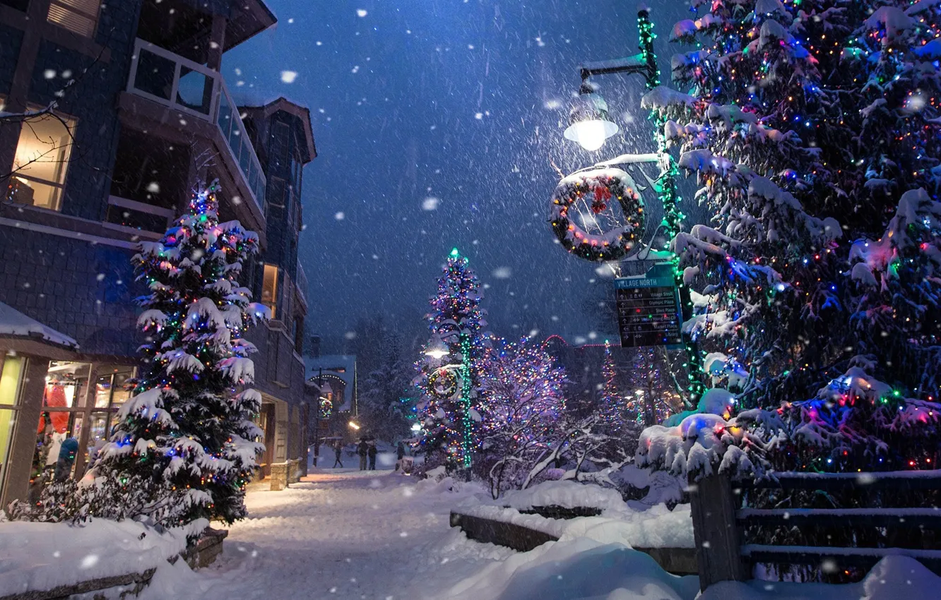 Photo wallpaper winter, snow, street, tree, the evening, lantern, garland, Roberto Nickson