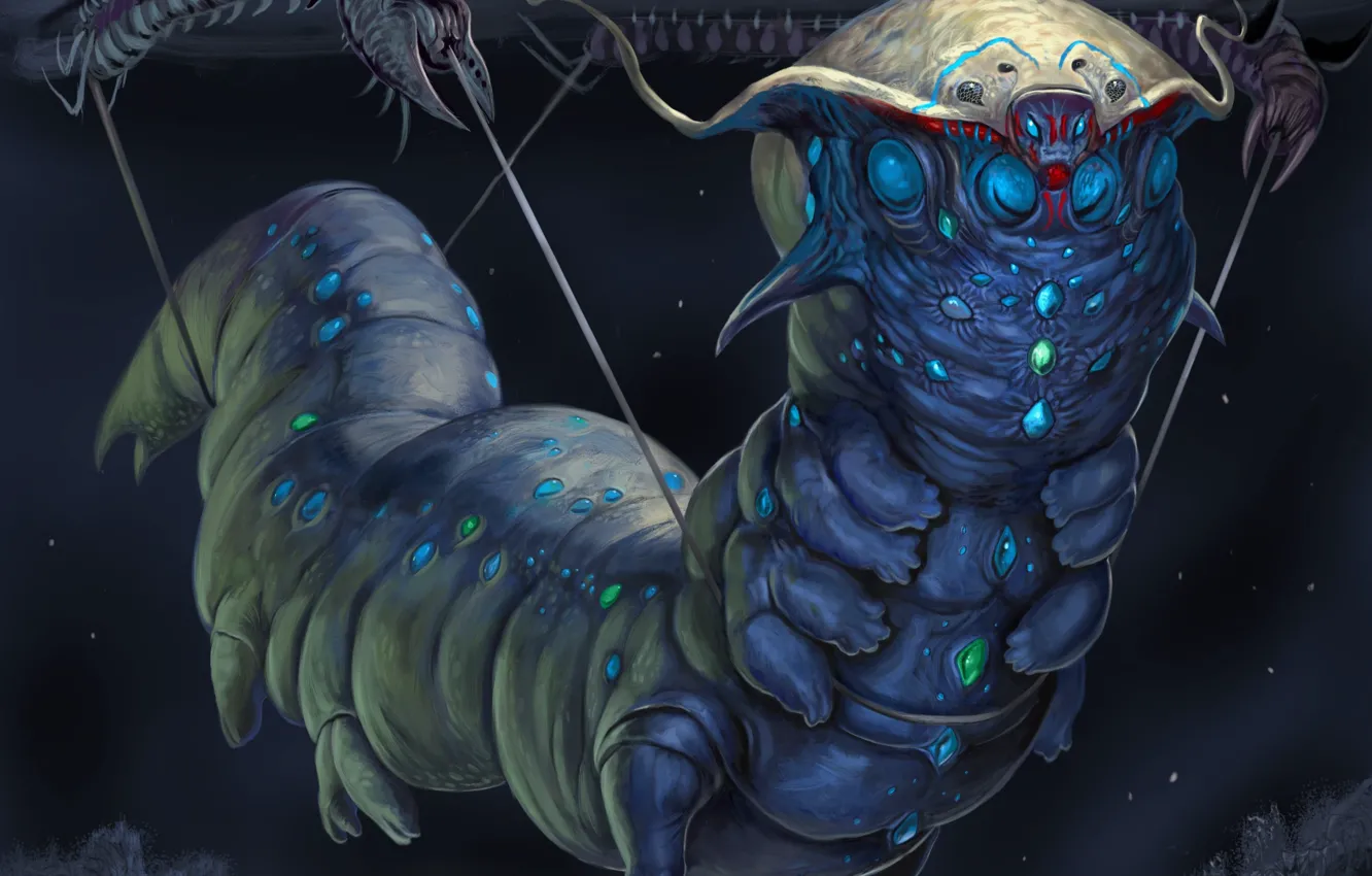 Photo wallpaper caterpillar, the dark background, being, fantasy art, creature, dark background, Caterpillar, fantasy art