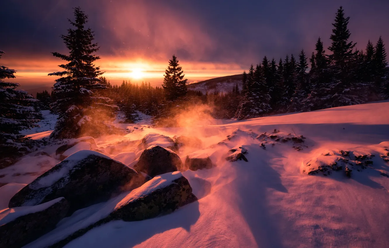 Photo wallpaper snow, stones, the wind, dawn, sunrise, Bulgaria
