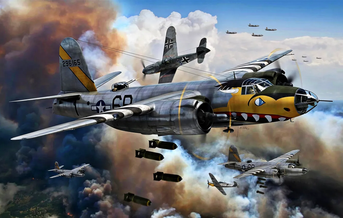 Photo wallpaper Smoke, Bf-109, Air force, The second World war, Marauder, band of invading, Bomb, B-26B