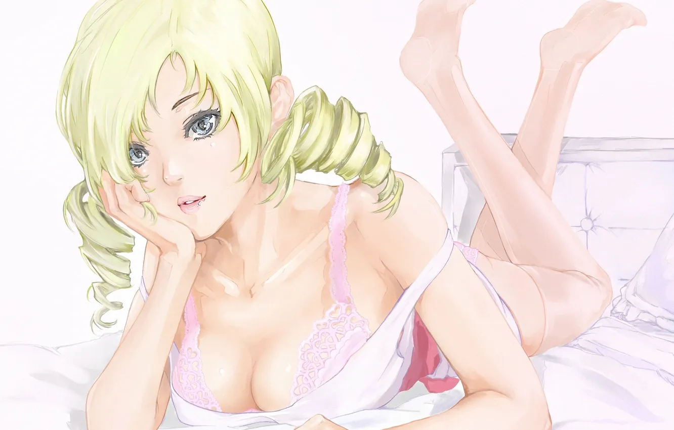 Photo wallpaper chest, girl, bed, art, blonde, lying, Catherine, yamaishi108