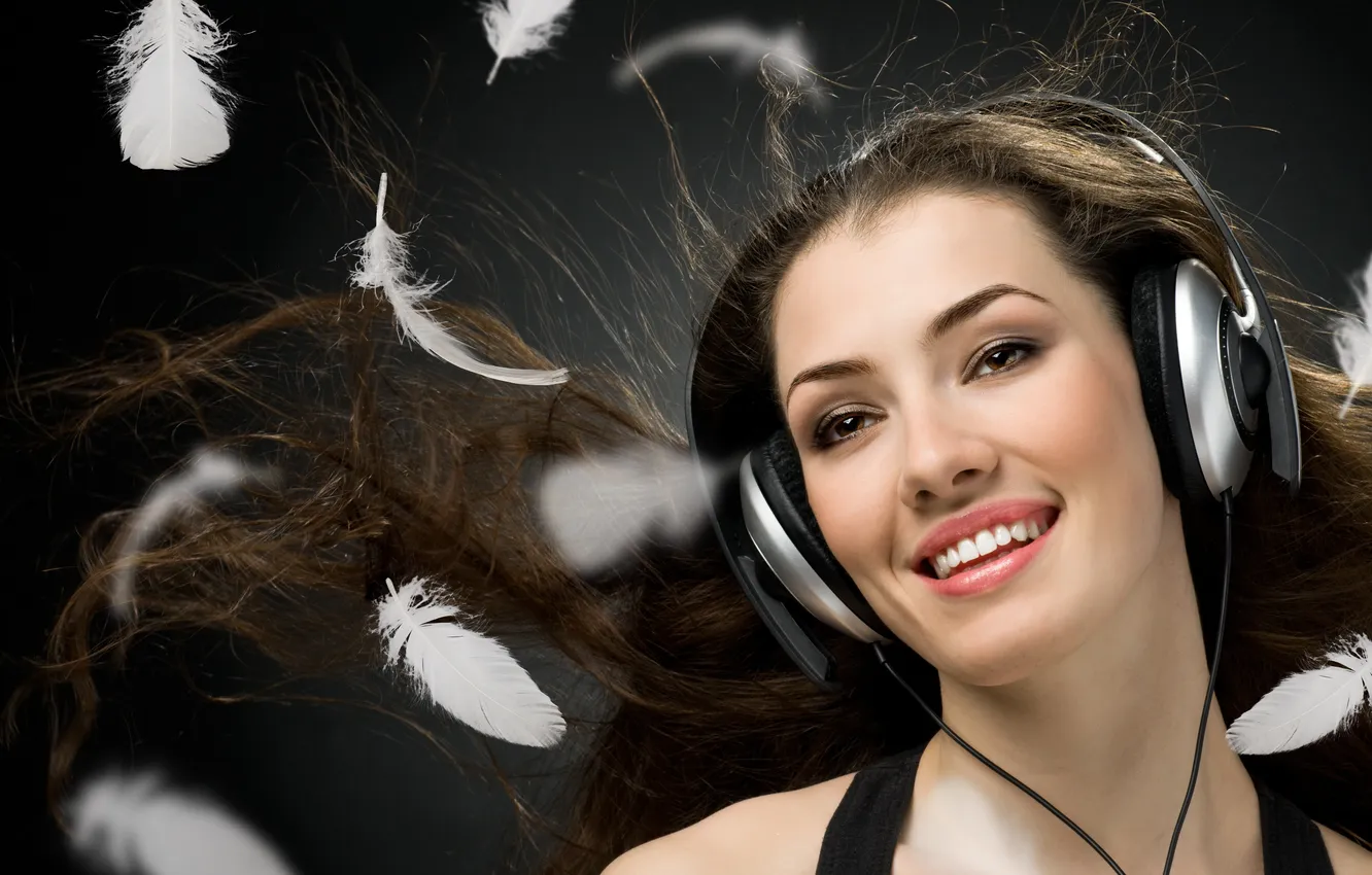 Photo wallpaper look, girl, joy, the wind, feathers, headphones, charm