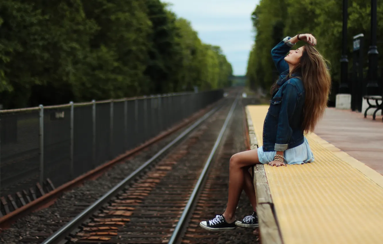 Photo wallpaper girl, hair, sneakers, skirt, railroad, sitting