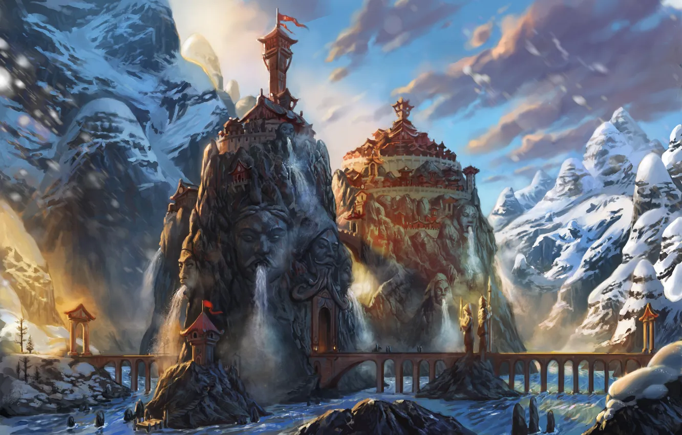 Photo wallpaper cold, winter, snow, bridge, rocks, people, art, red flags