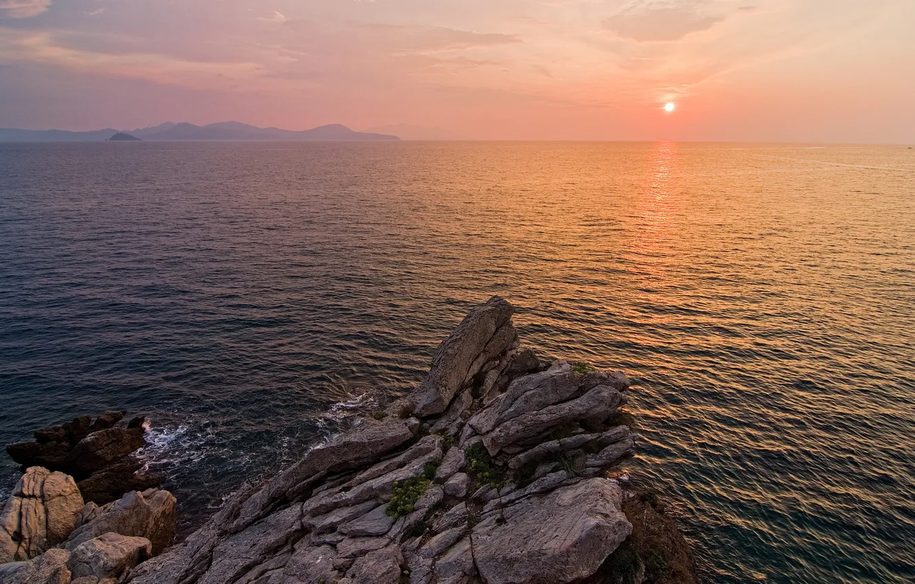 Photo wallpaper sea, the sky, the sun, landscape, sunset, stones, rocks