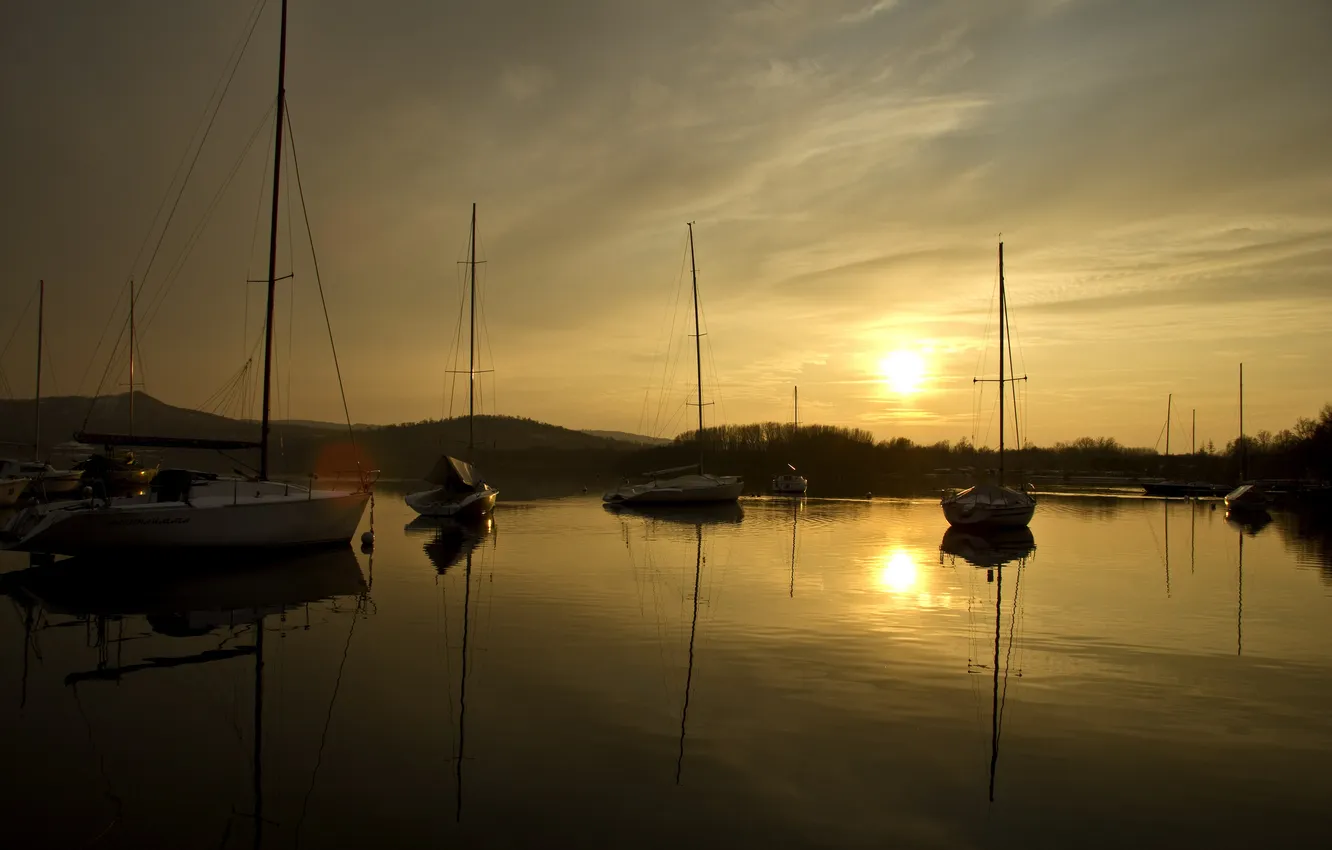 Photo wallpaper sunset, lake, boat, the evening