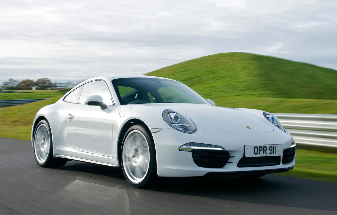 Photo wallpaper car, 911, Porsche, Carrera 4, white, road, Coupe, speed