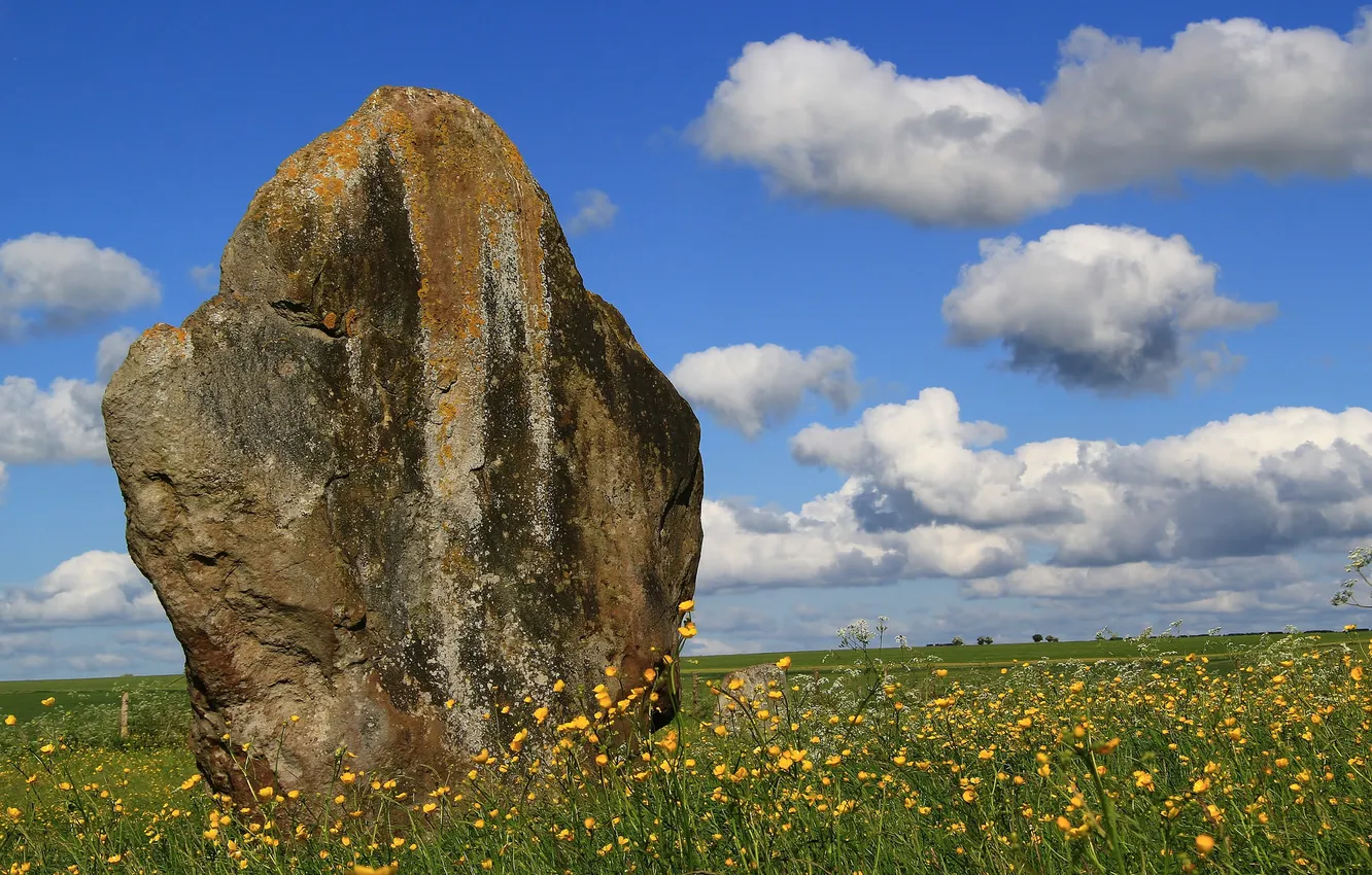 Photo wallpaper field, the sky, clouds, Standing, Stones-Stone, boulder
