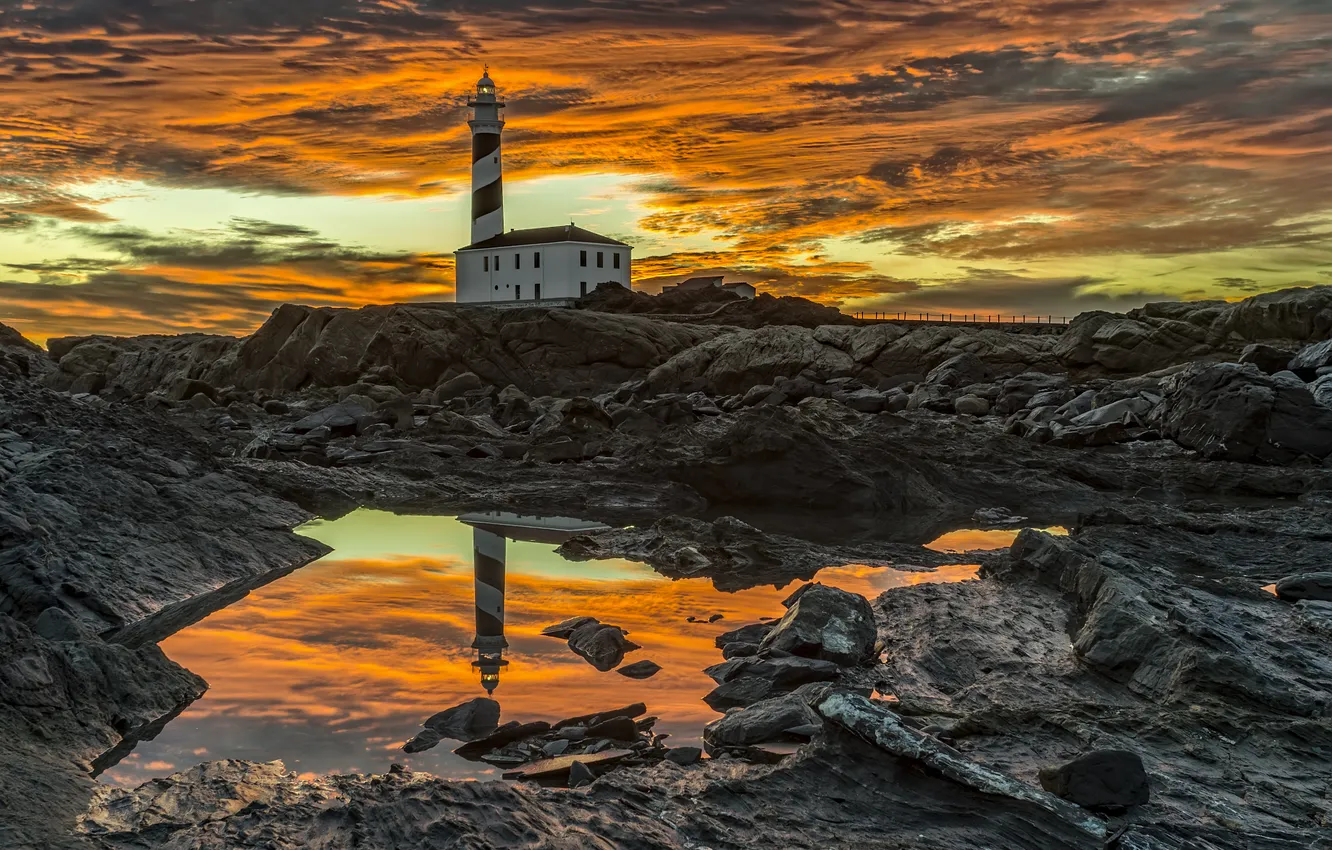 Photo wallpaper sunset, shore, lighthouse